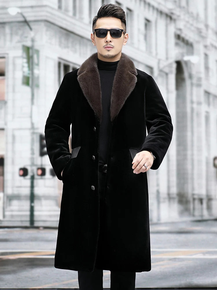 Mens Winter Pocket Sheep Wool Coat Mens Genuine Mink Collar Leather Jacket Mens Long Leather Warm Coat P508 241112