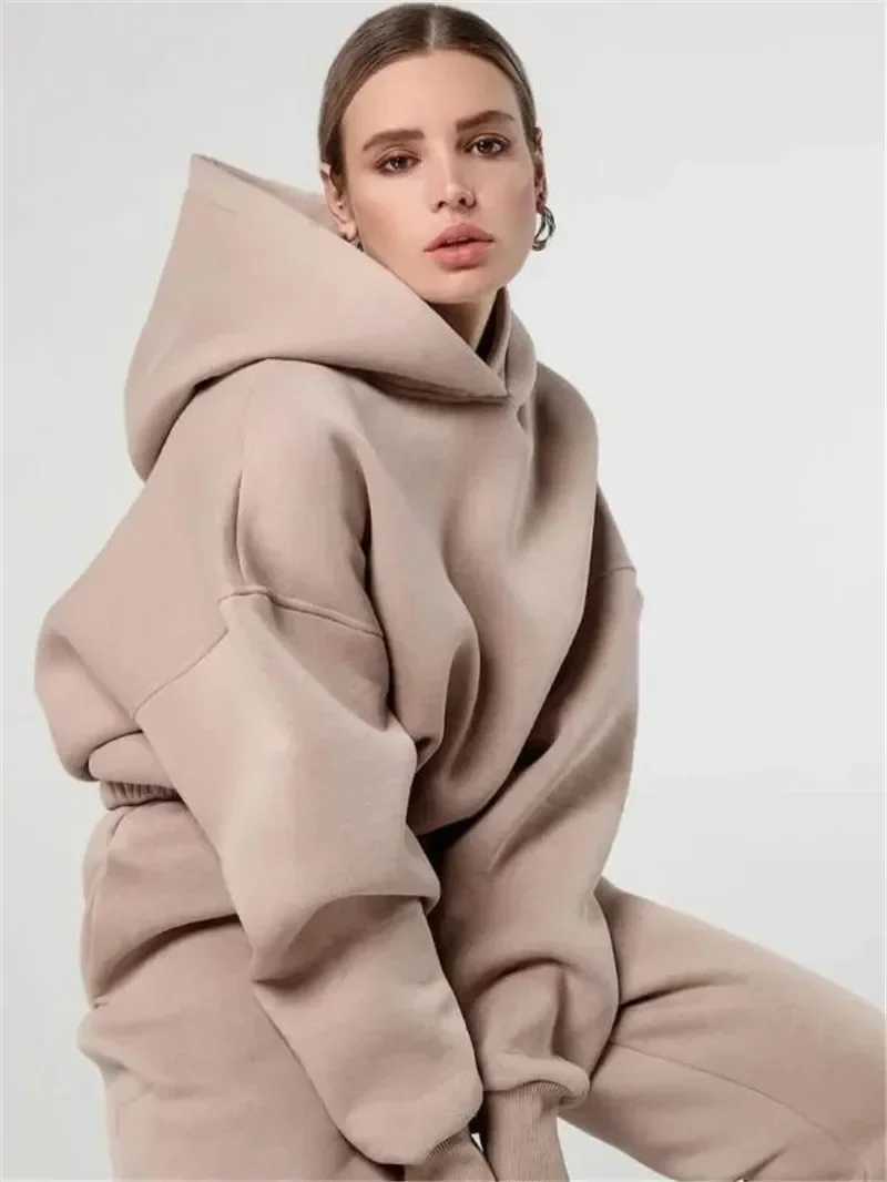 Women Winter Two Piece Set Tracksuit Solid Color Suit 2023 Autumn Trouser Suits Fe Sweatshirt Solid Sports Hoodie SportswearX241112