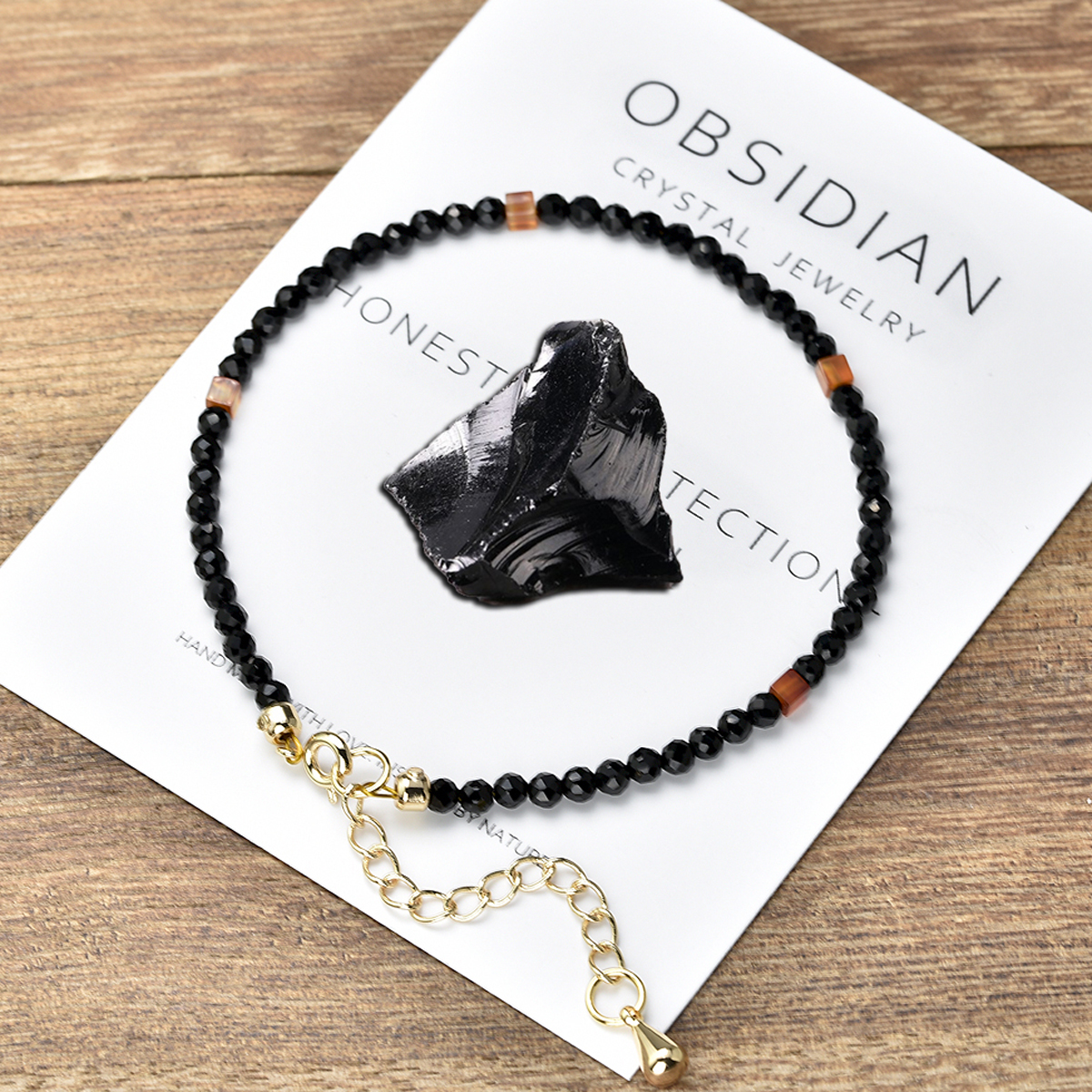Black Obsidian Real 3mm and Carnelian Lucky Crystal Gem Stone Bracelets for Women Copper Plated with 14K Gold Jewelry smile