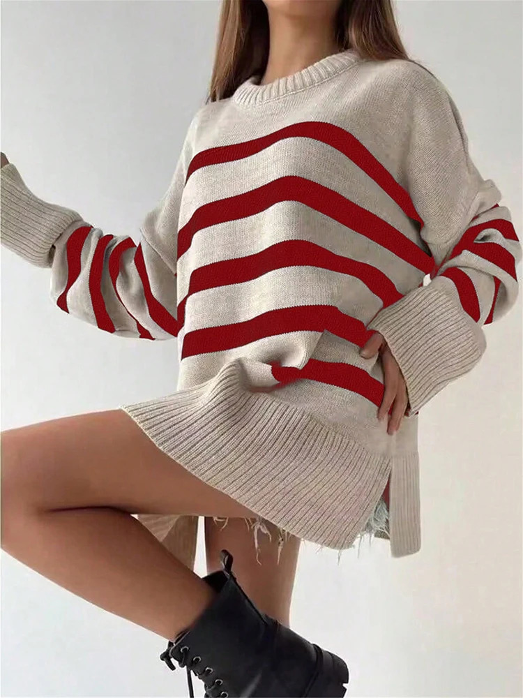 Khaki striped knitted sweater for women long sleeved knitted floral top autumn white loose sweater 241113