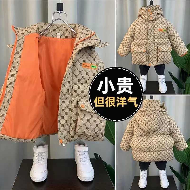 Down Coat Boys and girls winter jacket medium length down jacket black warm velvet thick hooded jacket big childrens jacket Q241112