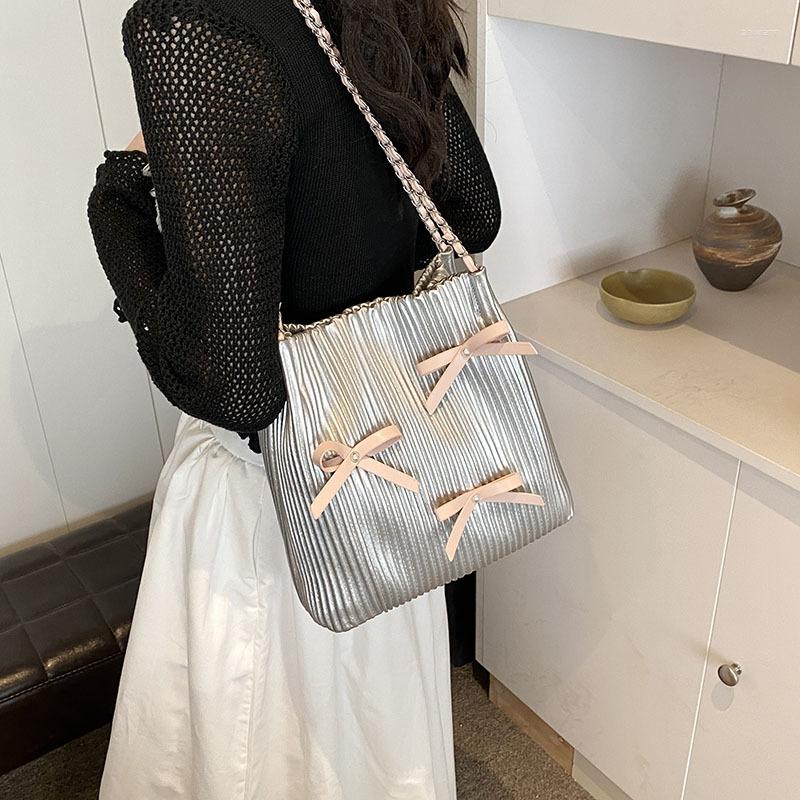 Drawstring Fashion Bucket Bag Korean Style Simple Casual Shoulder Summer Niche Pleated Handbag Bow Women's zhanyishengli