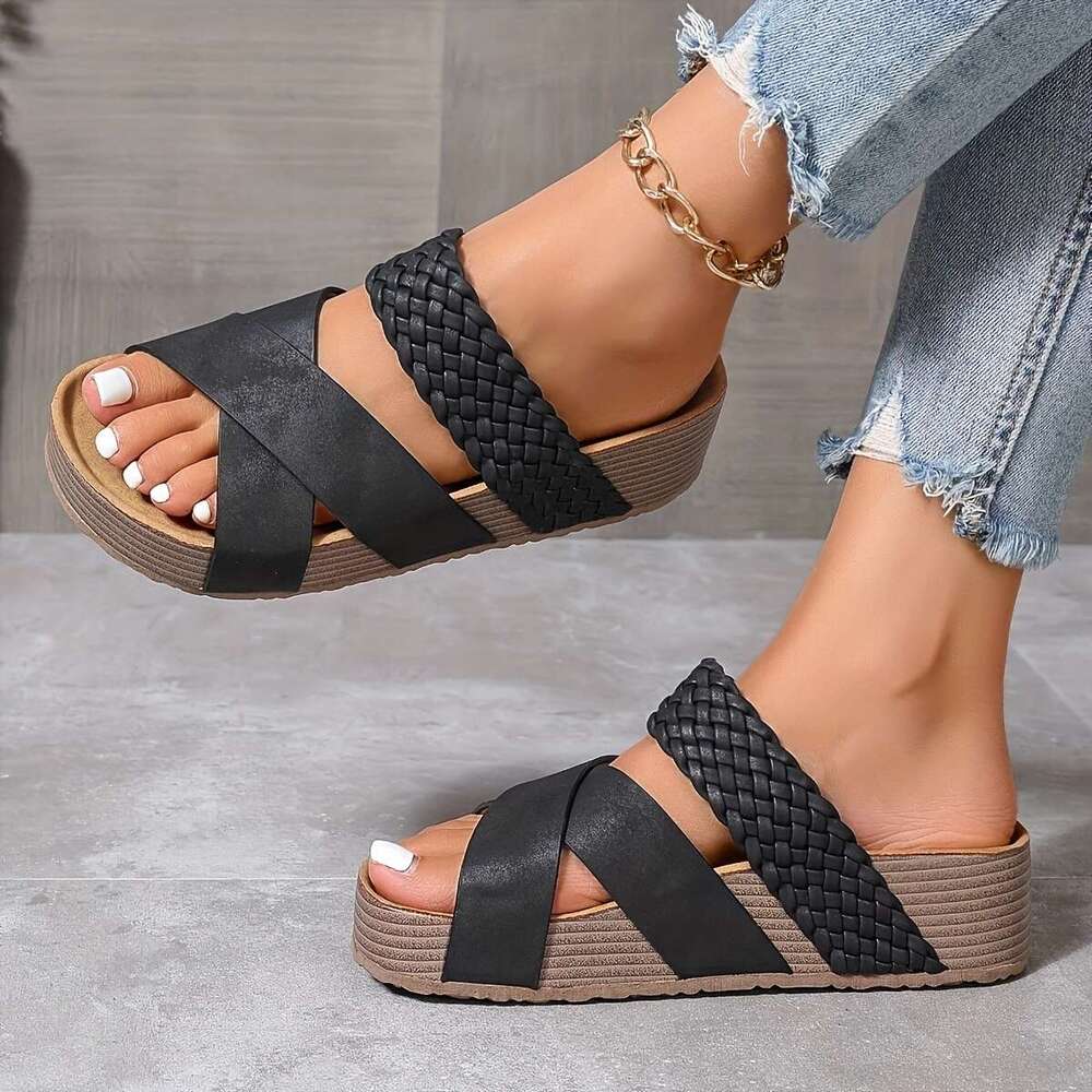Summer Espadrille Women's Slide Sandals, Crisscross Band Open Toe Casual Outdoor Platform Slides