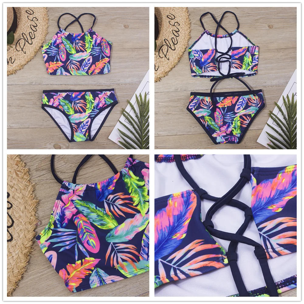 7-14 Years Print Falbala Girls Kids Swimwear Swimsuit Summer Children Biquini Infantil Bathing Suit Kids Girls Bikini Set 240412