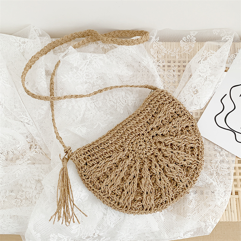 Half Round Straw Bag for Women Summer Beach Rattan Shoulder Bag Zipper Woven Half Moon Crossbody Handbags Bohemia Vacation