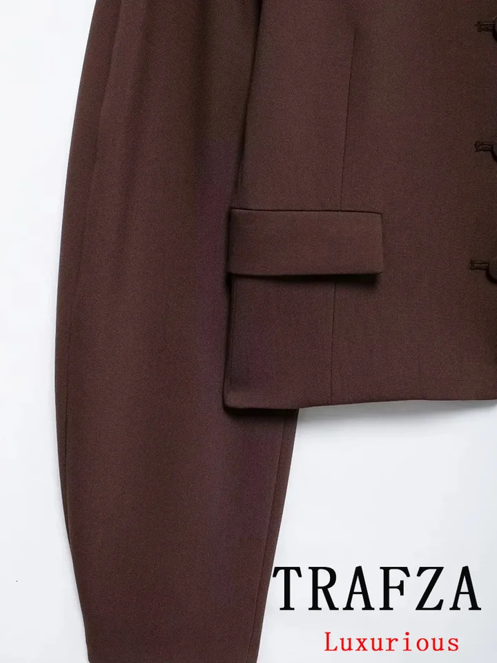 TRAFZA Retro Chic Womens Solid Single Chest O-Neck Short Jacket Ultra Thin Zipper Skiing Fashion Autumn/Winter Set 241112