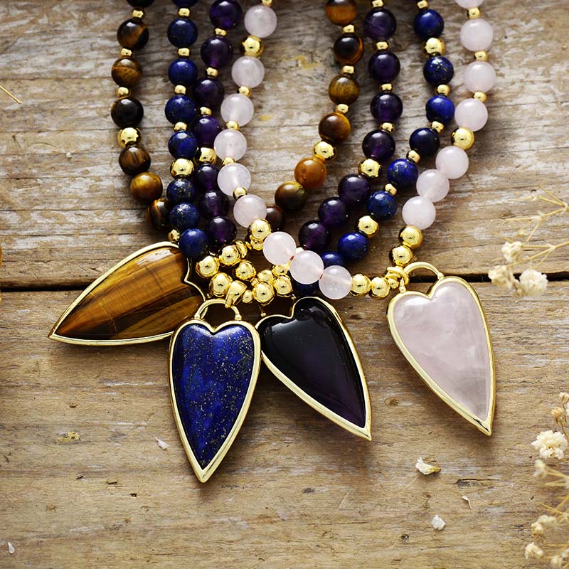 Bohemia Gems Stone Heart Pendant Necklace Women Labradorite Beaded Short Choker Necklace Boho Jewelry Femme Wholesale