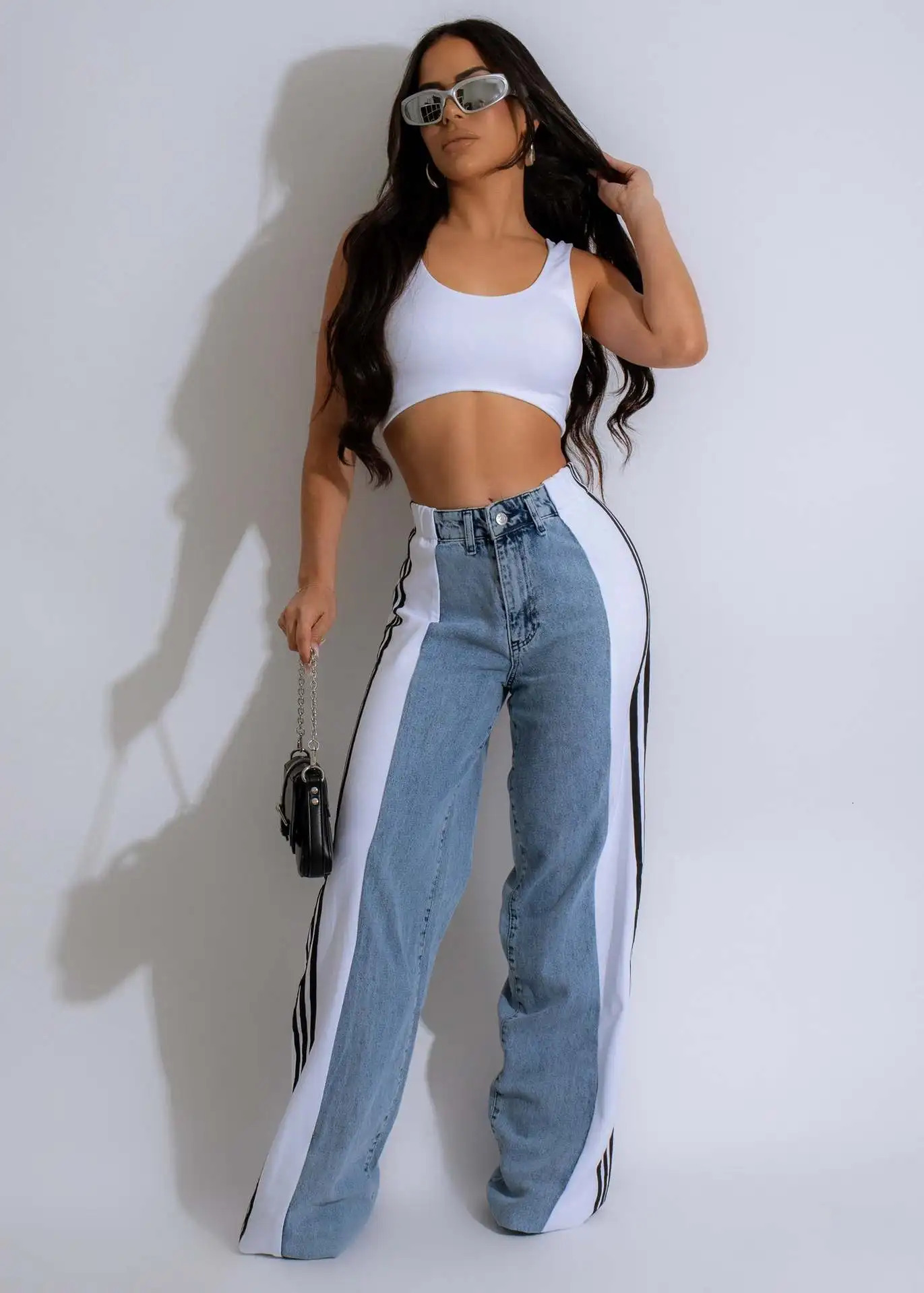 Patchwork Jeans Wide Leg Pants Sexy Women Blue Jeans Flare Pants Denim Straight Trousers 241112