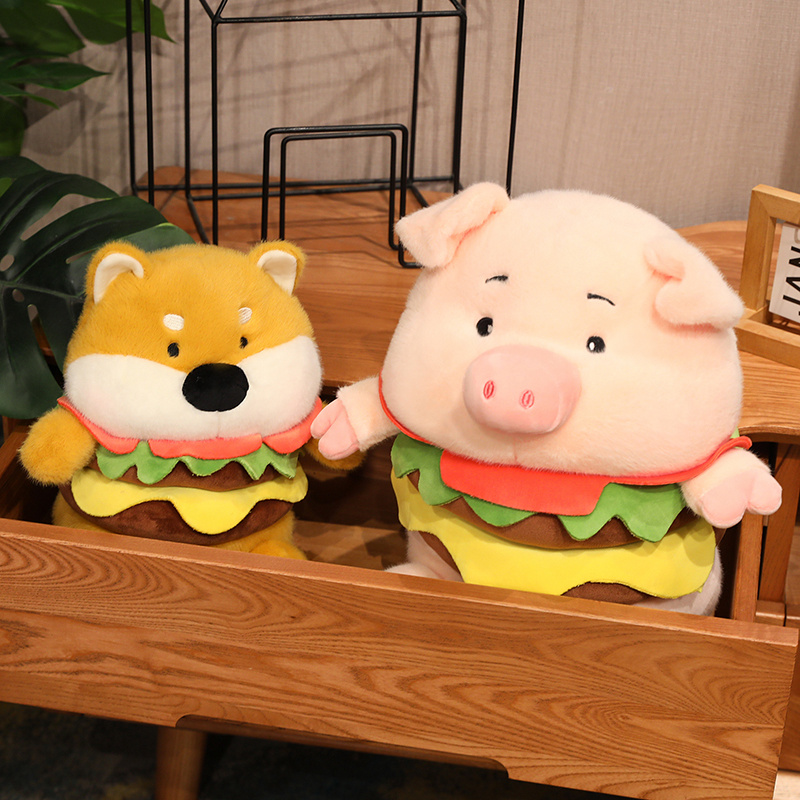 25cm Kawaii Hamburger Dog Pig Doll Plush Toy Stuffed Soft Creative Animal Pillow Toys for Holiday Birthday Gift