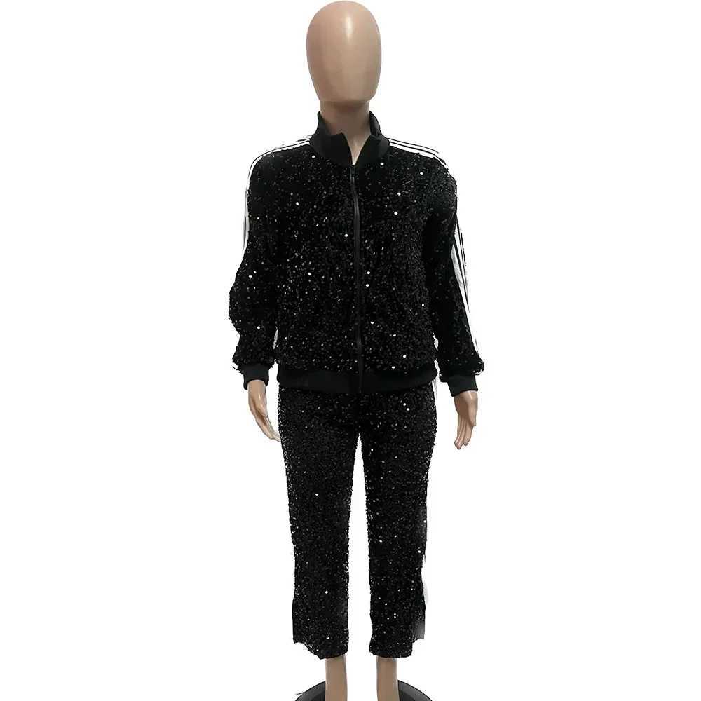 European Fashion Women Black Silver Sequin Long Pant Suit Spring Long Sve Ele 2 Pieces Club TracksuitsX241112