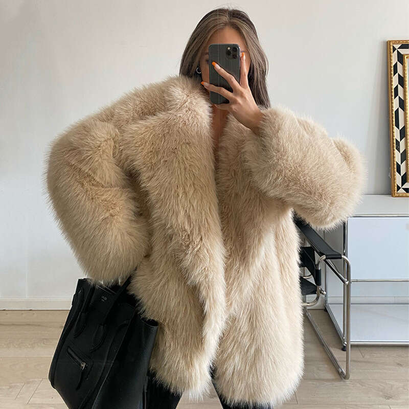 shanshi fur coat women Autumn and winter new lapel coat artificial fur Loose Korean version medium length jacket Women's clothing