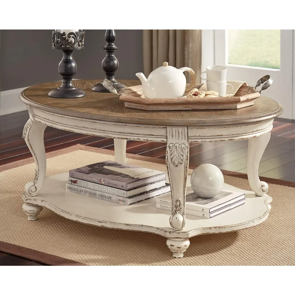Coffee Table, Antique White & Brown, Wood Coffee Table