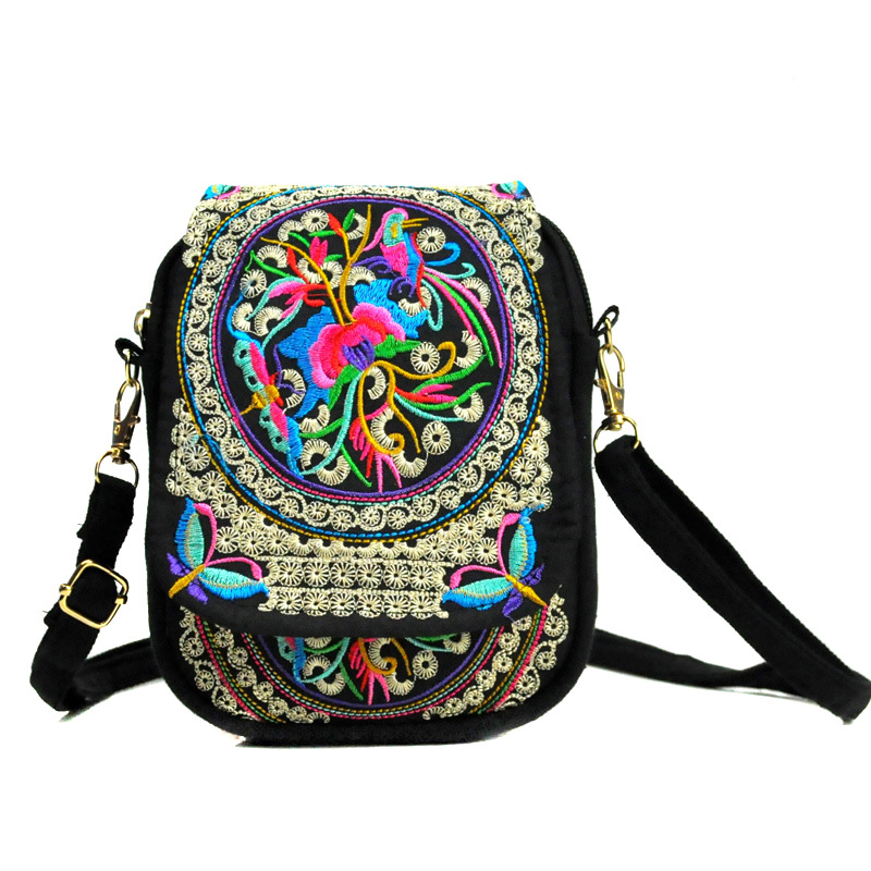 Women Shoulder Bag Travel Pouch Vintage Floral Embroidered Crossbody Zip Bag Embroidered Mobile Phone Bag