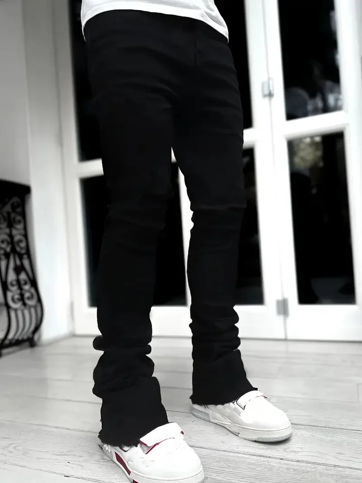Black mens pants solid color elastic jeans street casual slim fit mens jeans retro washed plus size mens tight jeans 241113