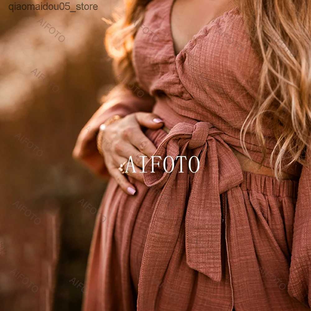 Maternity Dresses Linen Cotton Pregnant Women Bohemian Two Piece Photo Shooting Props Womens Dress Retro Top and Tight Baby Shower Q240413