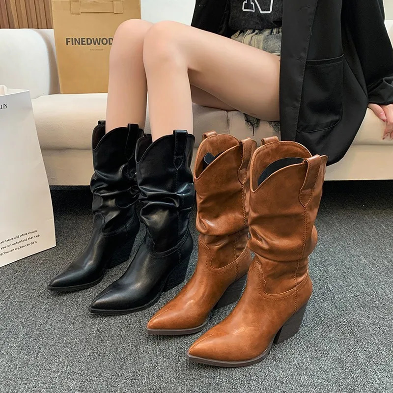 2024 Style Womens Boots High Heel Thick Sole Vintage Brown Color Western Rider Boots Pointed Toe Mid Calf 241112