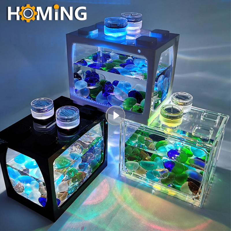 Mini Transparent Desktop Fish Tank With Light Portable Aquarium Fish Keeper Fishbowl For Office Landscape Building Blocks Tank