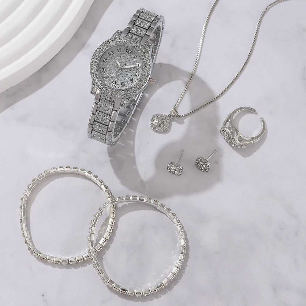 6PCS Women Watch Luxury Elegant Alloy Watch Crystal Wristwatch For Ladies Gift Quartz Watch Alloy Rhinestone Bracelet MontreXJ241109