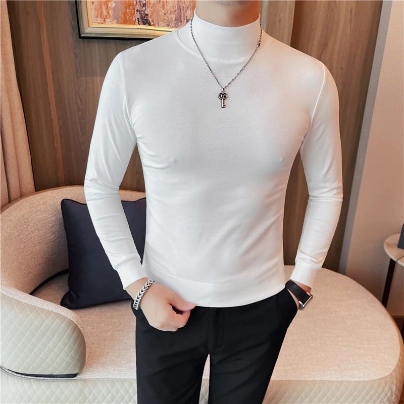 Mens T-shirt autumn/winter turtle neck long sleeved mens T-shirt slim fit casual basic T-shirt mens 4XL 241113