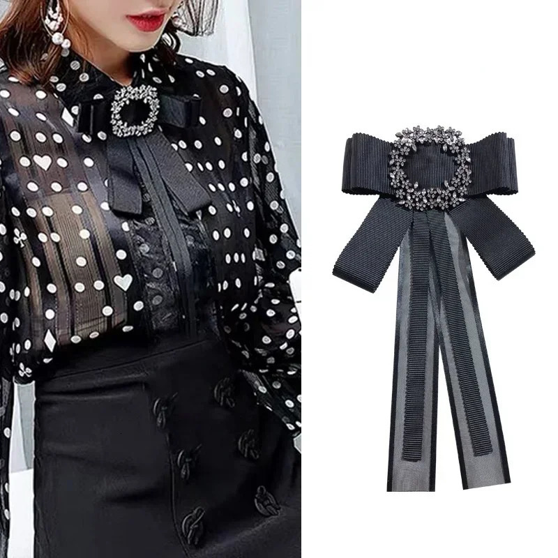 Korean Fashion Bow Tie Brooches Pins Handmade Black Fabric Crystal Bows Necktie Female Shirt Collar School Uniform Accessories 241113