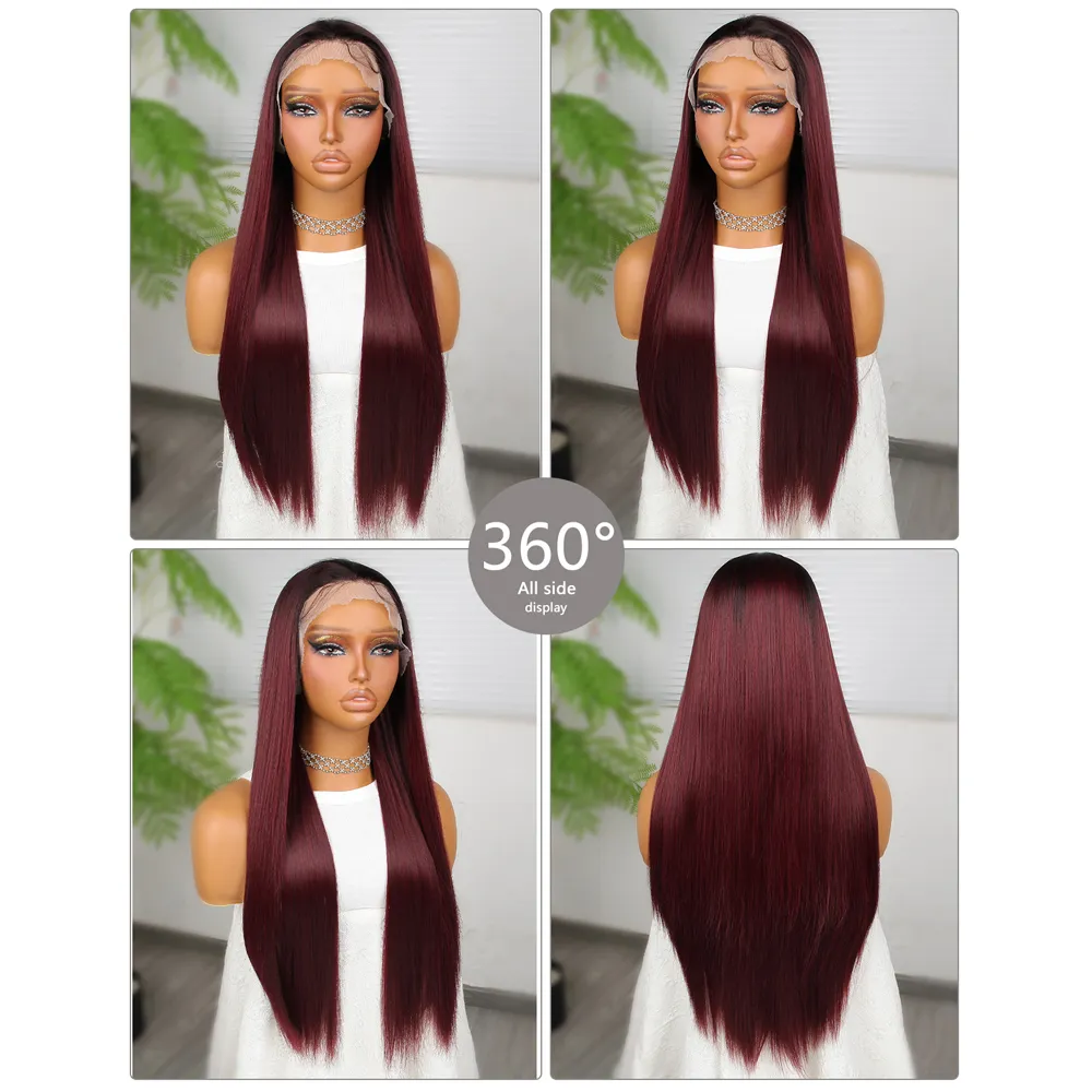 Long Wine Red Colored Lace Frontal Simulation Human Hair Wig Highlight 28 30 Inch Synthetic Deep Wave Wigs For Woman 360 Full Front Heat Resistant
