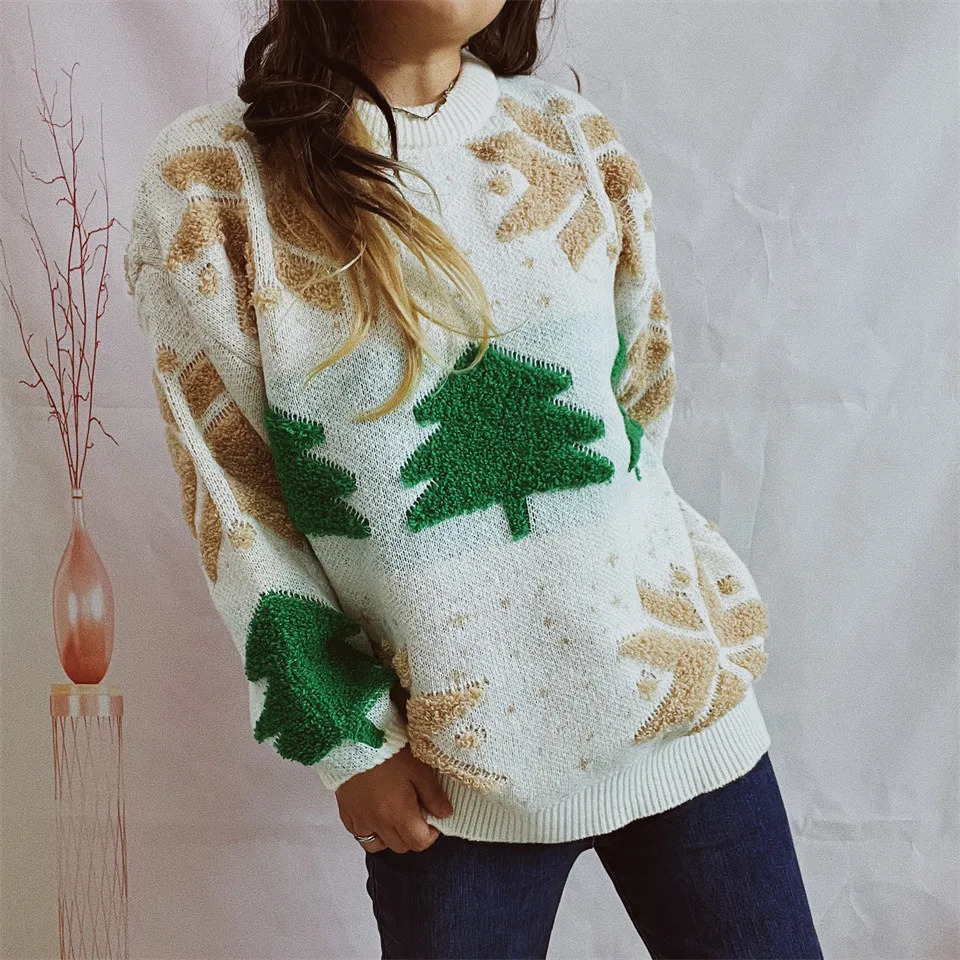 OMCHION Green Christmas Sweater Fashion Tree Embroidery Knitted Casual Loose Retro Womens Knitted Sweater 241113