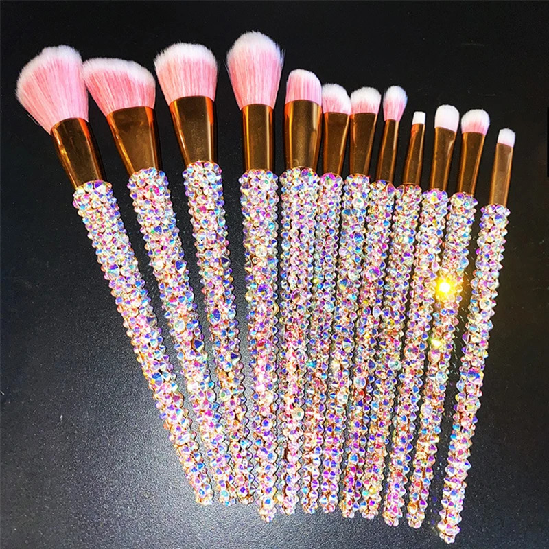 12Pcs/set Diamond-studded Makeup Brushes Gems Makeup Beauty Tools Full Diamond Loose Powder Foundation Concealer Brush Bling 240412