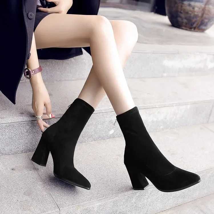 High Quality Ankle Chunky High Heel Sock Boots Wen Autumn Fi Pointed frosted suede short boots Fem Pumps sexy warm boots T241206