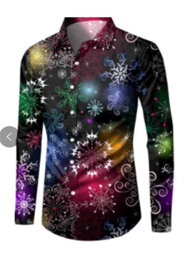Classic Christmas snow element shirt printed long sleeved mens shirt fashionable casual shirt breathable and comfortable menXJ24113