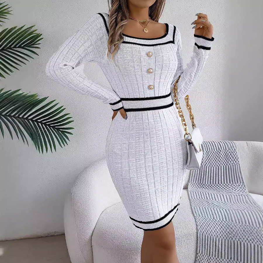 Womens Dress Square-Neck Button Long-Sleeved Sweater Body-Hugging Dress Organic Cotton