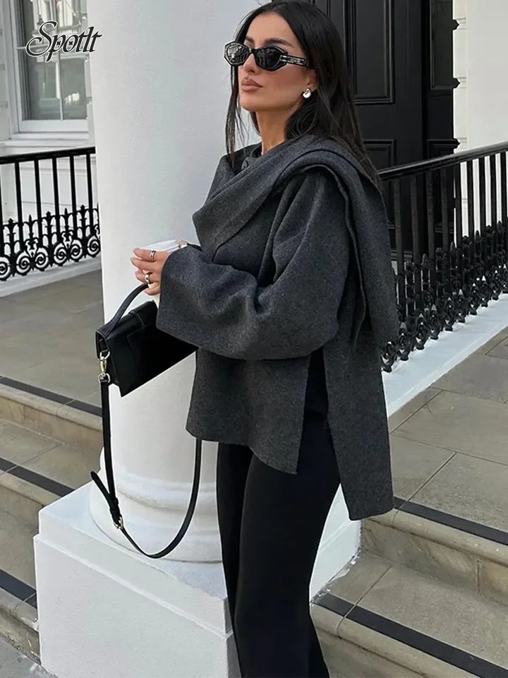 Fashion Scarf Collar Woolen Blends Jacket Elegant Long Sleeve Split Hem Loose Short Coats Winter Outerwears 241108