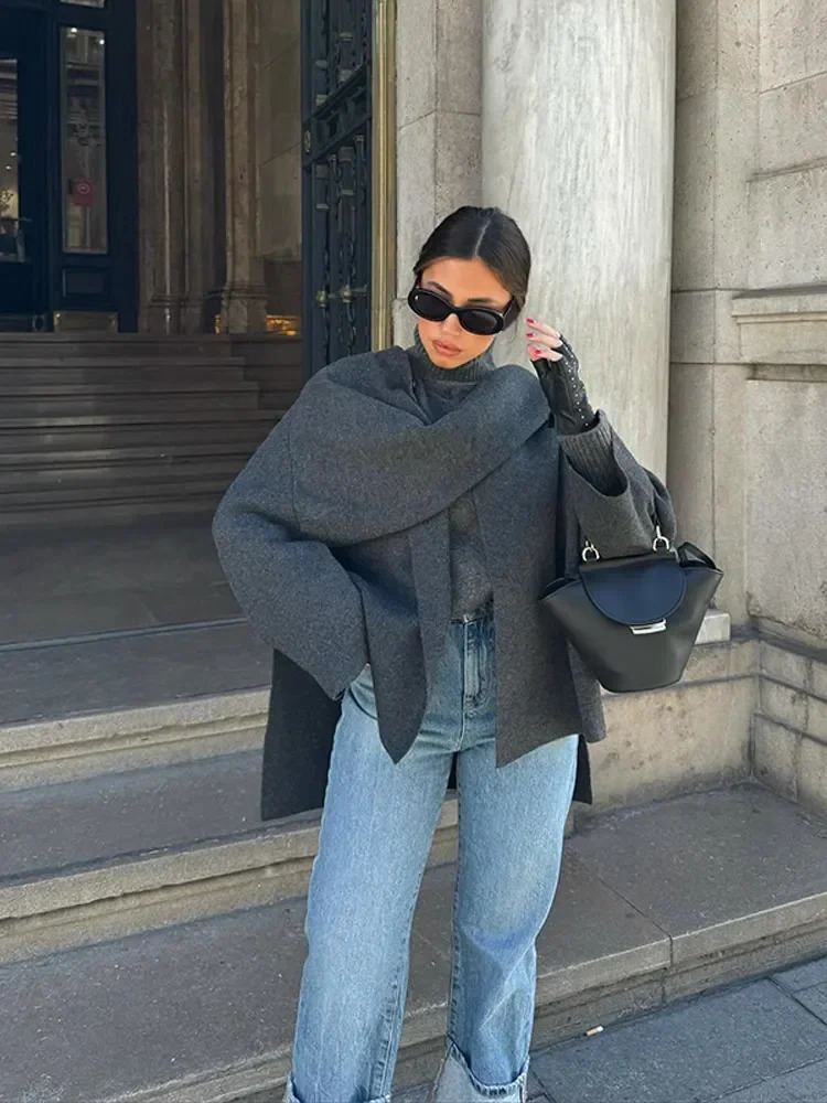 Fashion Scarf Collar Woolen Blends Jacket Elegant Long Sleeve Split Hem Loose Short Coats Winter Outerwears 241108