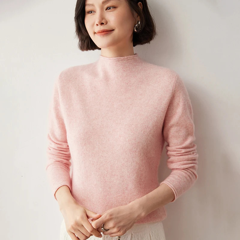 Womens rolled edge semi high neck cashmere sweater autumn and winter long sleeved solid color basic latte art skydiving knitted top 241113