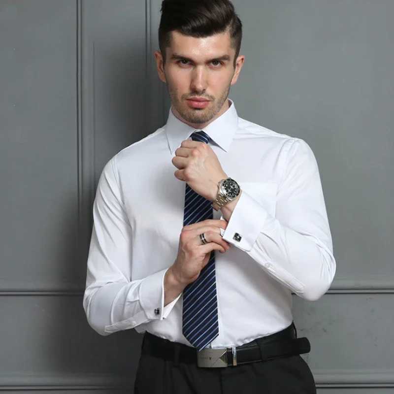 Mens French cuff formal shirt new white long-sleeved business button mens shirt regular fit cuff button shirt M~6XLXJ24113