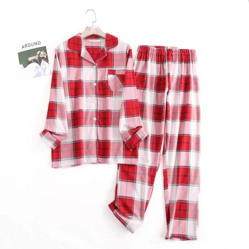Cotton flannel womens long pants sleepwear set suitable for sleepwear plain weave loose autumn and winter long sleeved Trouser set 241112