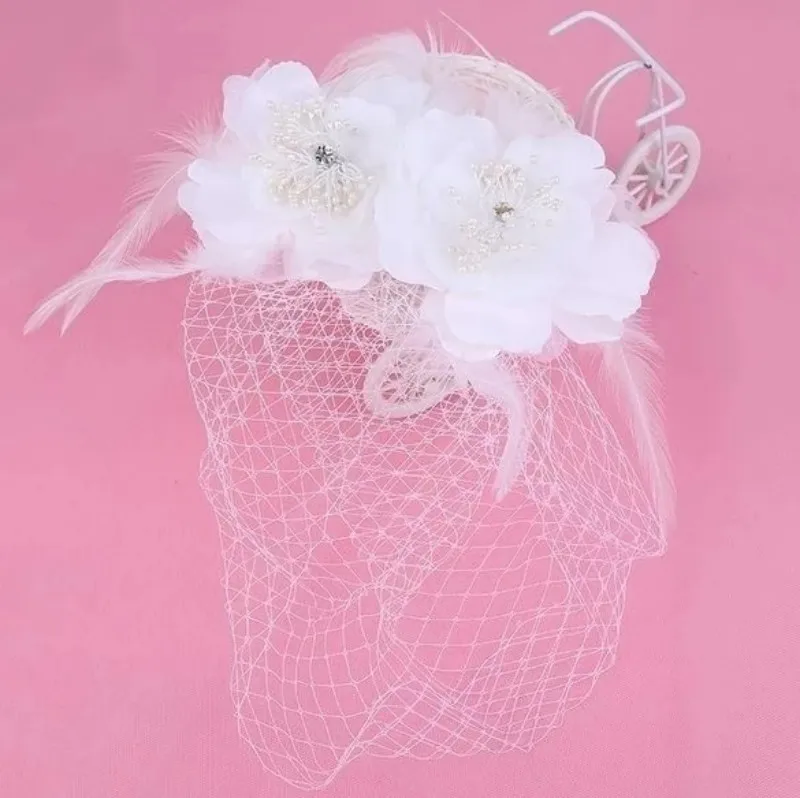 BirdeCage hat Wedding Veil Birdcage Veil new 2025 Netting Face Short Feather Flower White Fascinator Bride Hats with Veil