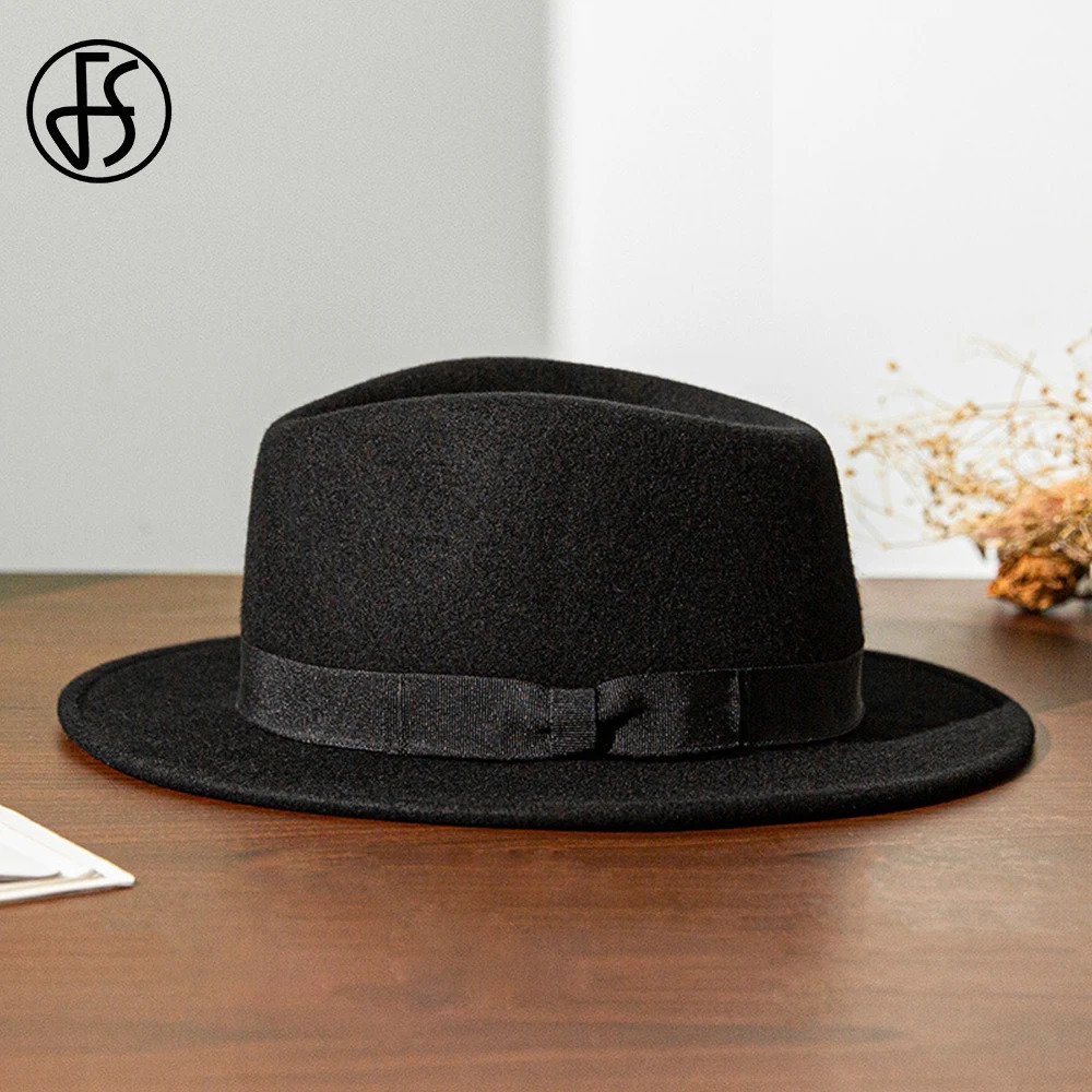 FS French Gentleman Black Jazz Hats for Men With Ribbon Panama Cap Wool Felt Fedoras Wedding Party Trilby Hat Women Unisex 240412
