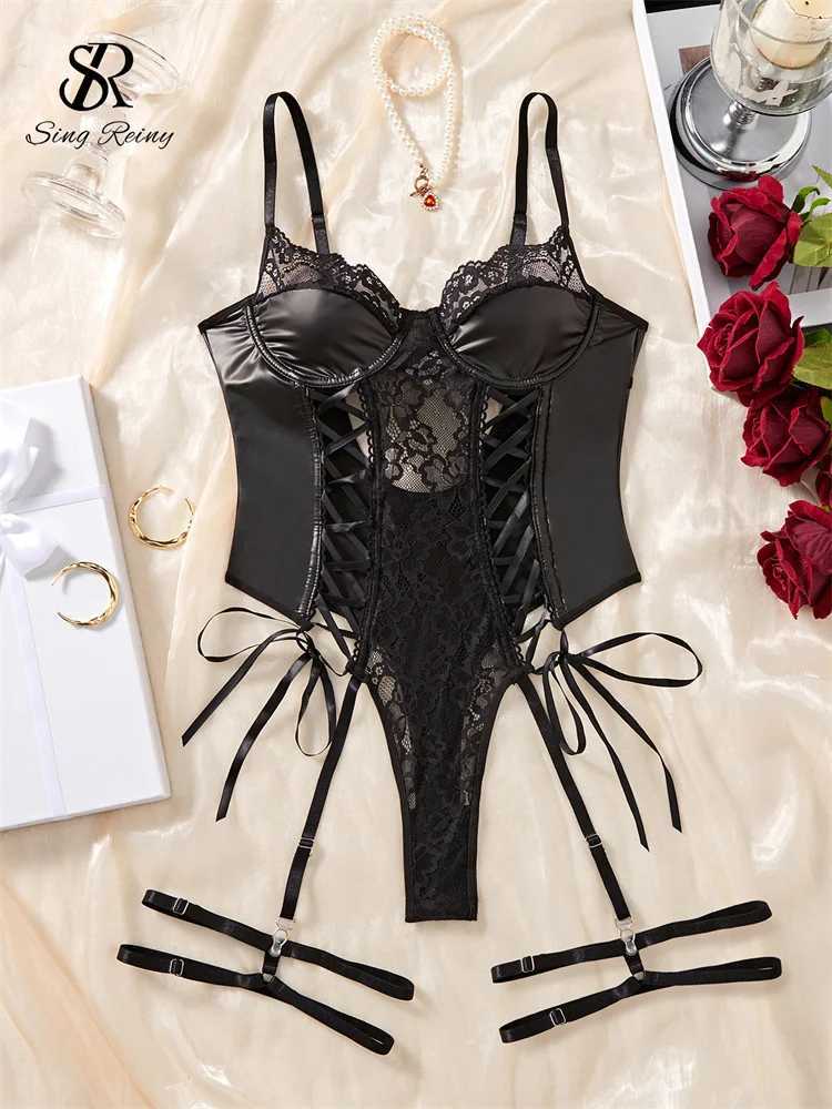 Sexy Set SINGREINY Erotic Lingerie Leather Slim Rompers Sleevless Sheer Backless Playsuits Women Corset Mesh Spliced PU Sexy Bodysuits J241109