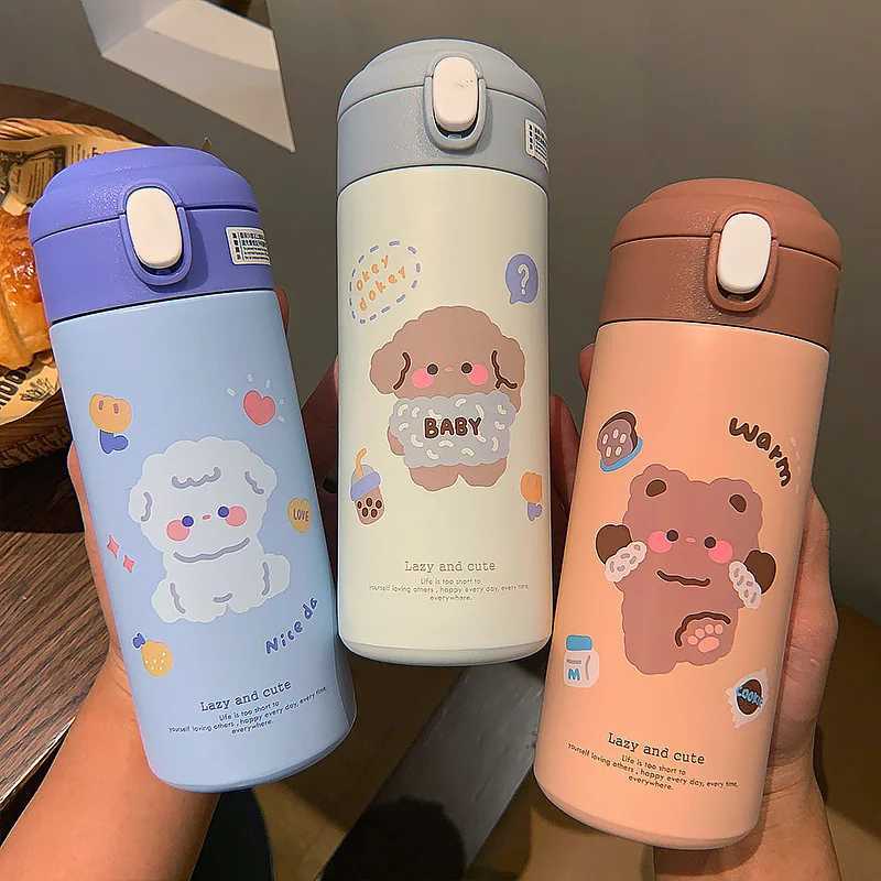 380ML stainless steel hot water bottle vacuum suction cup cute cartoon hot water bottle girl crazy straw cup beverage Y241114