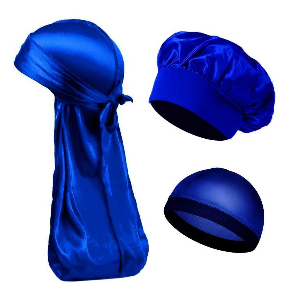 Neutral womens silk satin hat 3-piece set Durag Bonnet silk Durags Bandanas mens turbo hat long tail sleep shower hat W241113