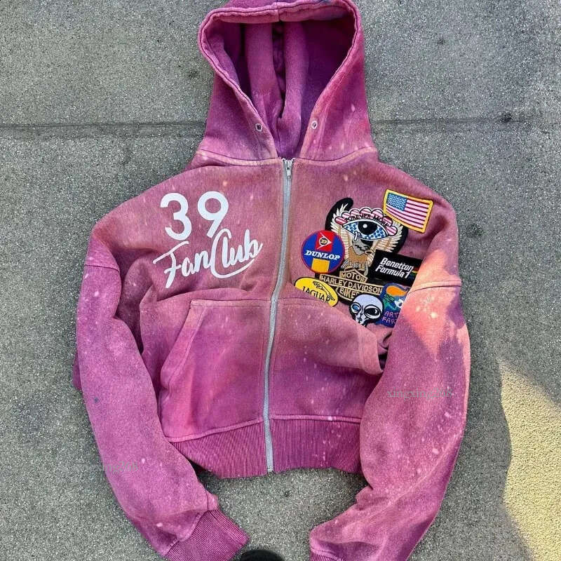American High street vintage letter print hoodie men Y2K Goth Harajuku fashion zipper couple loose sweatshirt 240729
