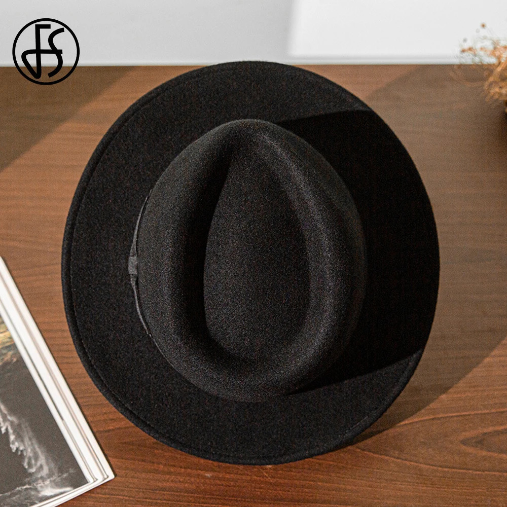 FS French Gentleman Black Jazz Hats for Men With Ribbon Panama Cap Wool Felt Fedoras Wedding Party Trilby Hat Women Unisex 240412