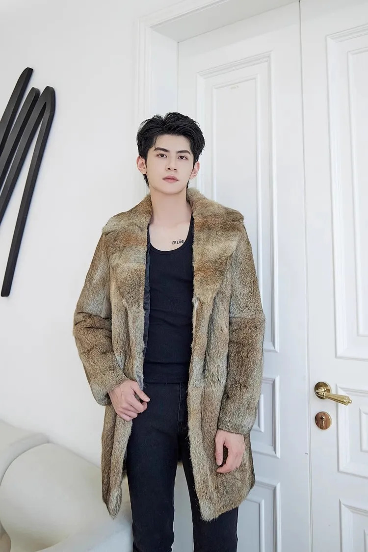 Gennie Natural Rabbit Fur Coat for Men with British Collar Long Fashion Jacket for Warmth Customized in Winter Any Size 241113