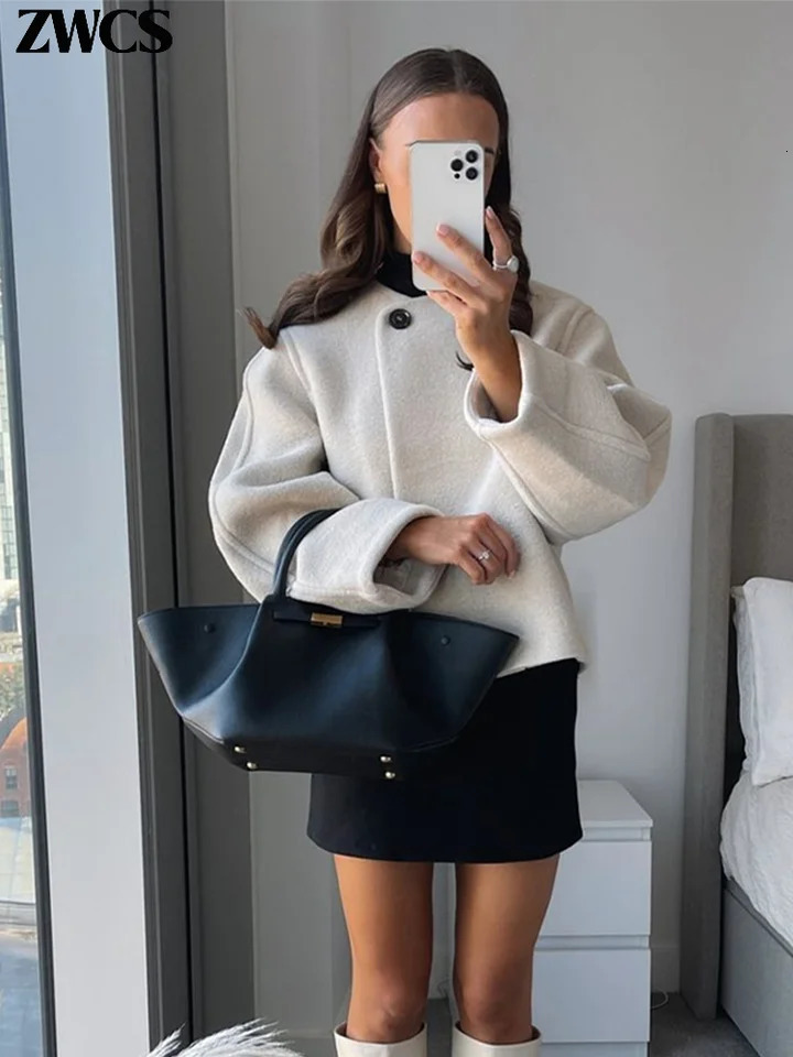 Elegant Short Woolen Coat Loose One Button Oneck Long Sleeve Jackets 2024 Autumn Winter Female Chic Streetwear 241113