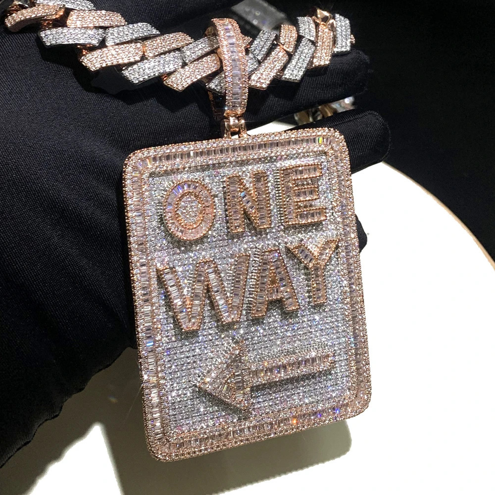 Hip Hop Geometric Rectangle Letter One Way Pendant Necklace Full Paved Cubic Zirconia Iced Out Bling 5A Cz Men Boy Jewelry 241113