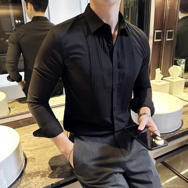 Groom Wedding Party Dress Shirt Mens Fashion Pleated Design Slim Fit Shirt Men Formal Long Sleeved Social Business TailcoatXJ24113