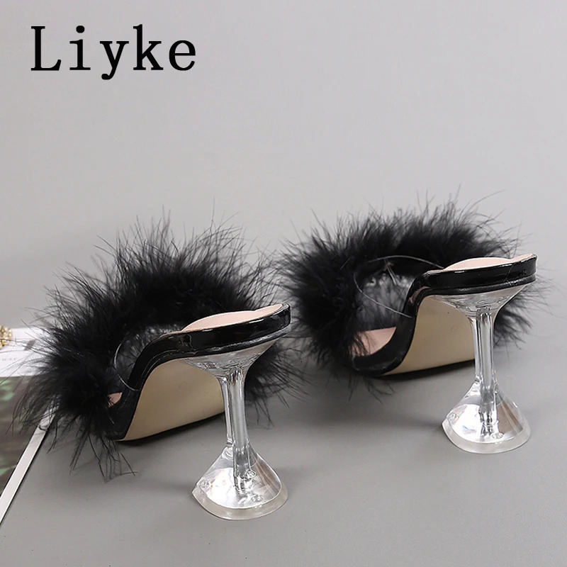 Liyke 9CM Transparent High Heels Fur Slippers Women Feather Sandals Peep Toe Mules Lady Pumps Slides Party Shoes Pink 241114