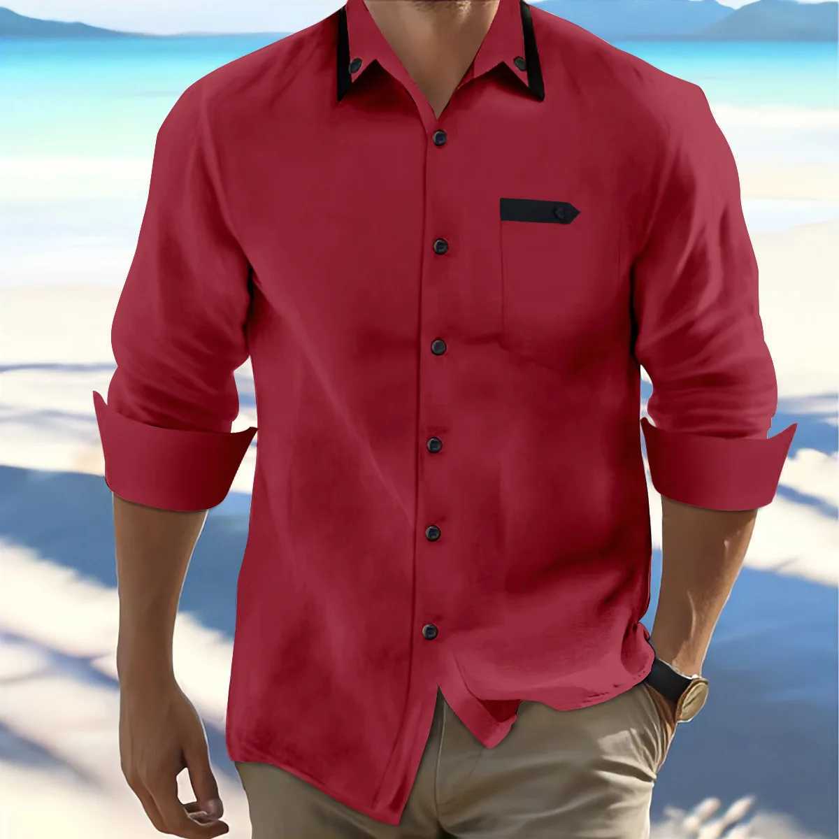 Spring and Autumn New Mens solid color leisure travel commuter long-sleeved Shirt loose lapel TopXJ24113