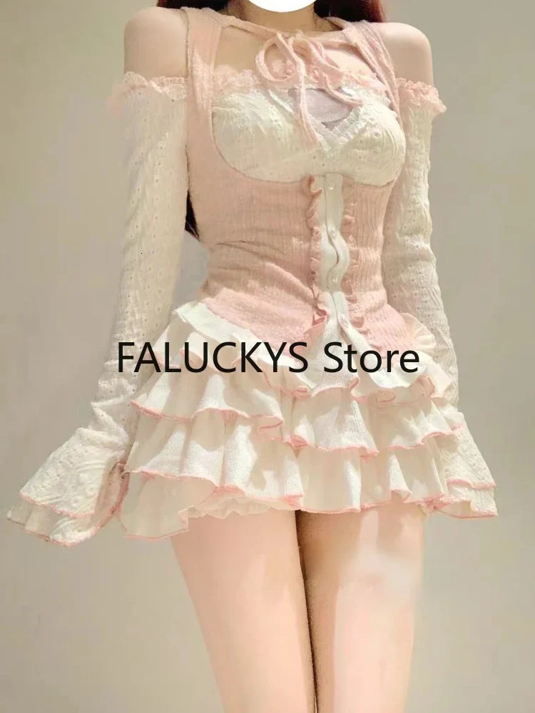 2023 Autumn Sweet 3 Piece Set Women Party Sexy Y2k Crop Top Office Lady Casual Mini Skirt Elegant Slim Vest Korean Fashion 240403