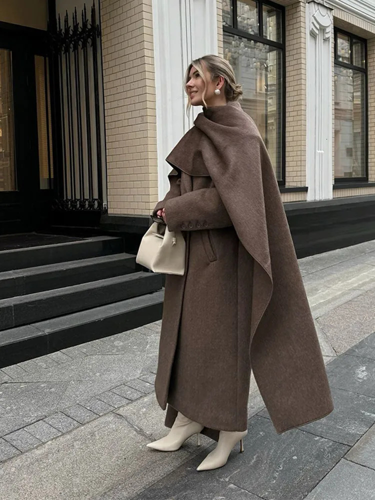 Fashion Oversized Full Sleeve Big Scarf Collar Women Overcoat Elegant Solid Pocket Double Breasted Coat Lady 2024 Commuting Wear 241113